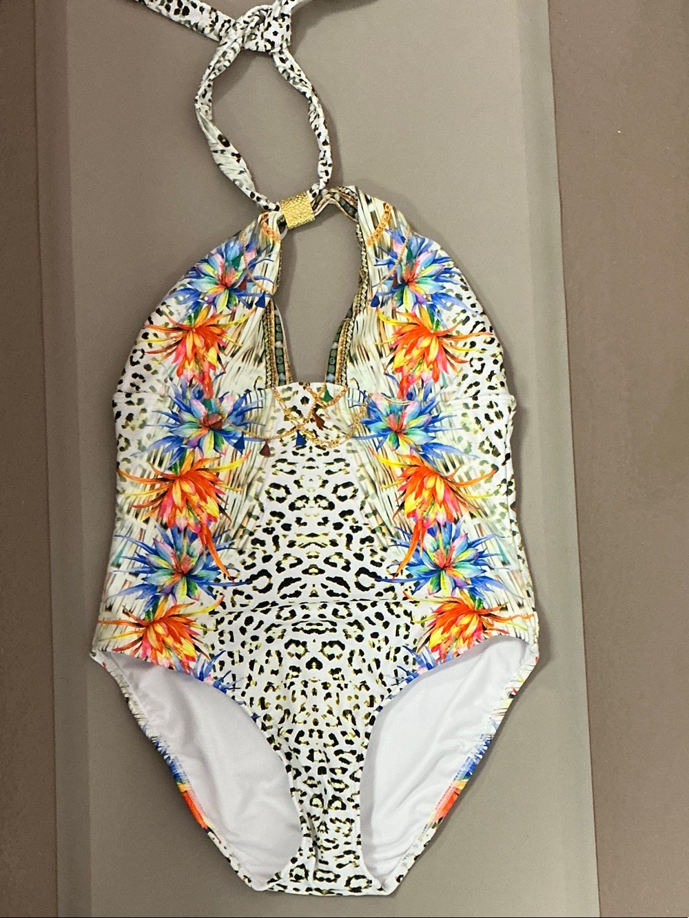 VENUS White Floral & Leopard-Print Halter One-Piece Swimsuit